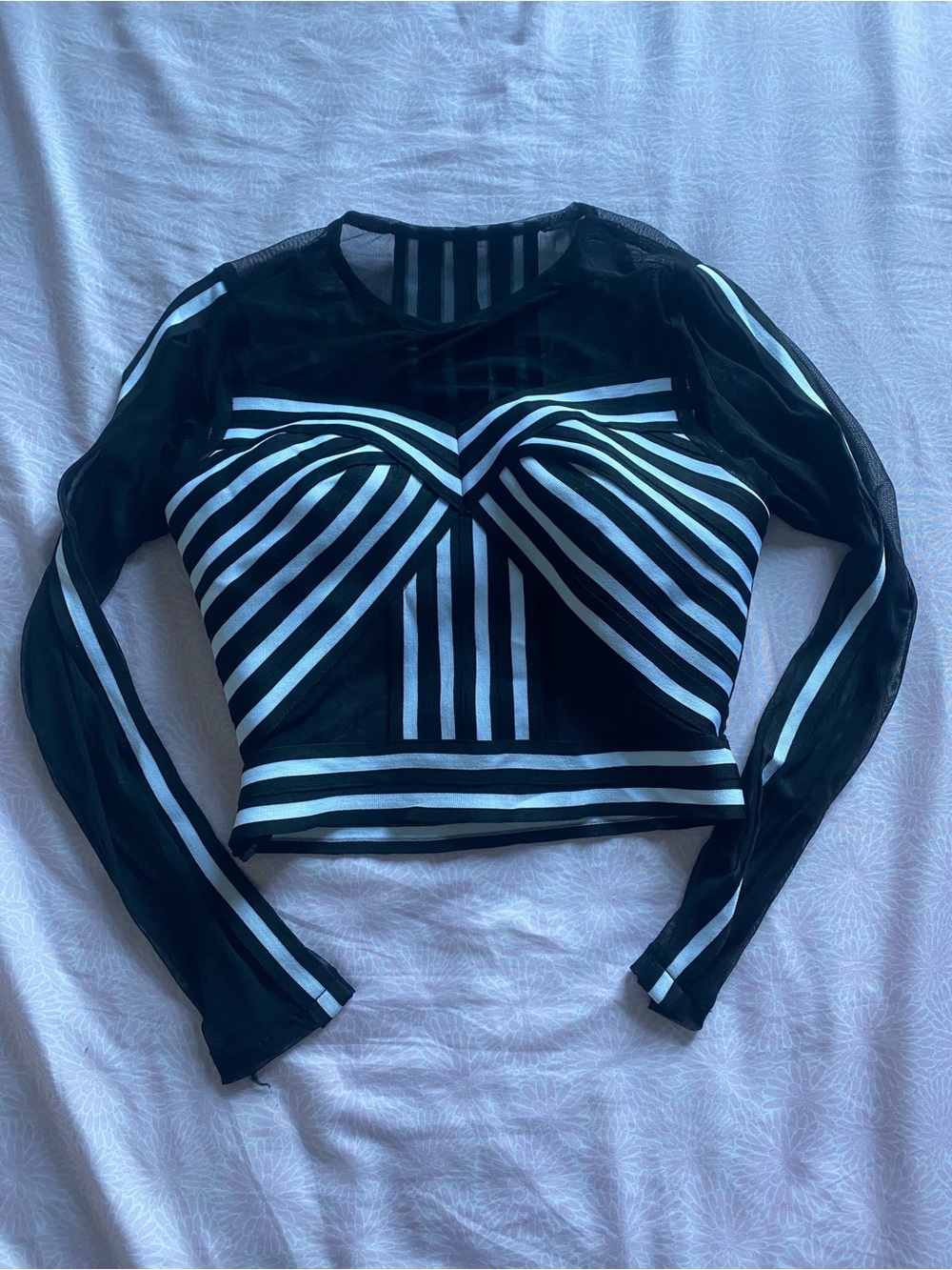 Striped Sheer Long-Sleeve Black & White Crop Top